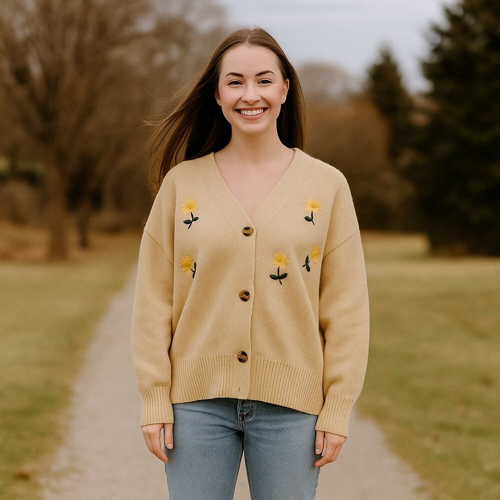 NWT Romwe Sweater Cropped Cardigan Tan Floral Embroidered S Academia Preppy Boho